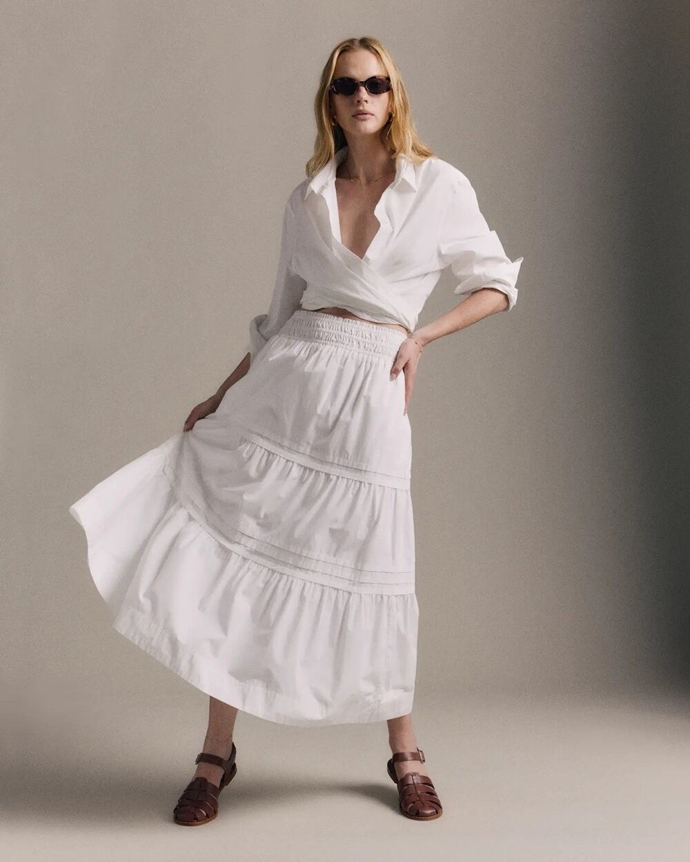 Quince Maxi Skirt Medium White Organic Cotton Tiered Boho Cottage Prairie